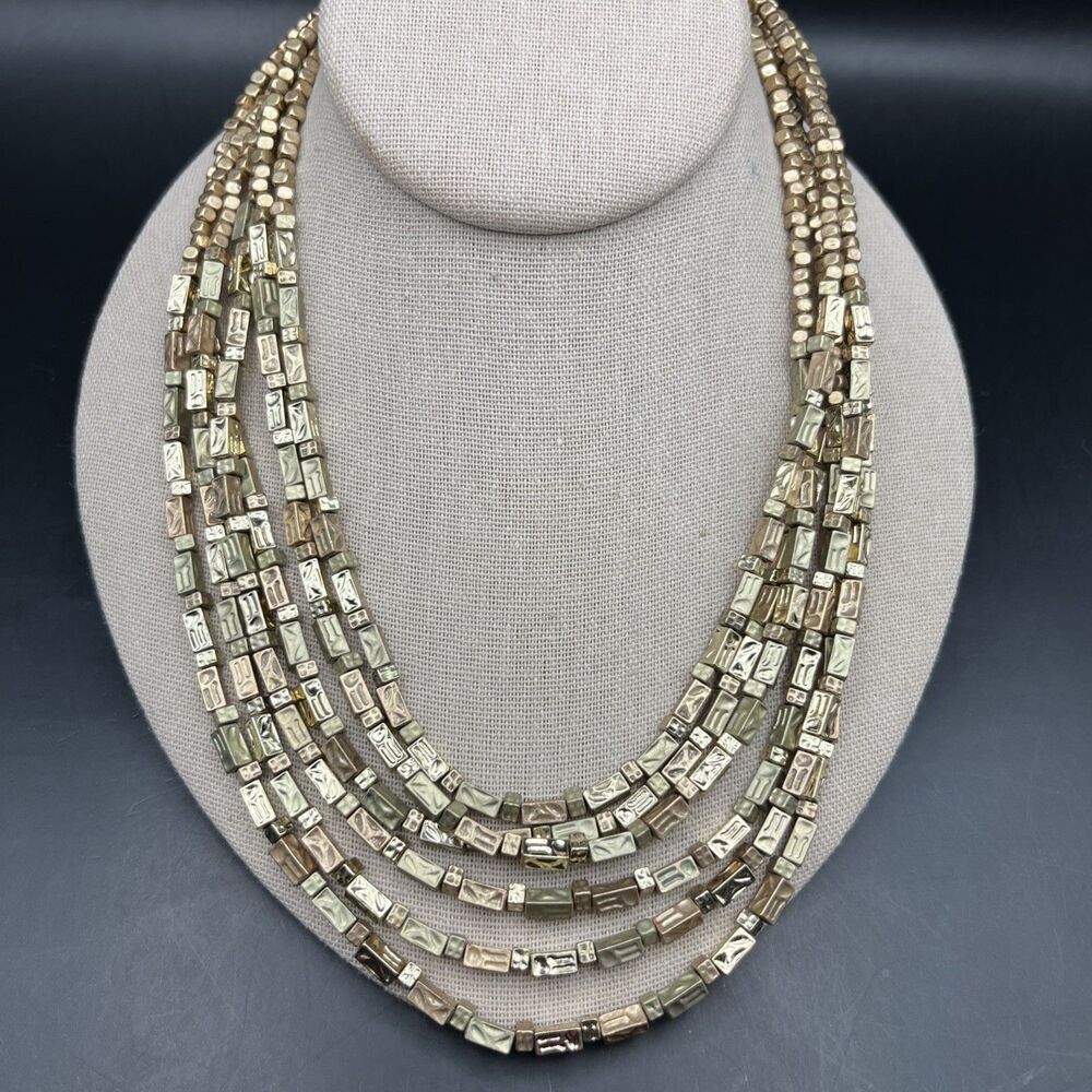 Chicos Boho Layered Necklace Gold Tone Beaded Brick Bar Look Textured Statement